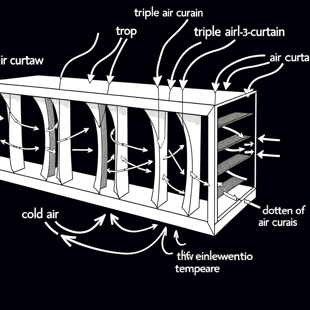A schematic diagram of a triple air-curtain display case. The diagram should illustrate the airflow pattern with three distinct air curtains providing a barrier to maintain the internal temperature. The airflow should be depicted with arrows showing the movement of cold air from the top to the bottom, creating an insulating effect. The display case is shown from a side view, with annotations to indicate the different sections of the case and the airflow dynamics. Include labels for the top, middle, and bottom air curtains, along with the direction of air movement.