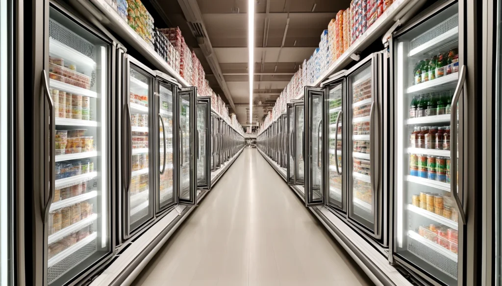 A supermarket aisle where all the fridge doors are swung open, creating a narrow passage. The scene shows a series of refrigerators lining both sides of the aisle, with the doors wide open, reducing the space to walk. The lighting is bright, typical of a supermarket, with reflections from the open glass doors. This setup creates a cramped feeling, with limited space for shoppers to move through. There are no people in the aisle, just the open fridge doors causing the obstruction.