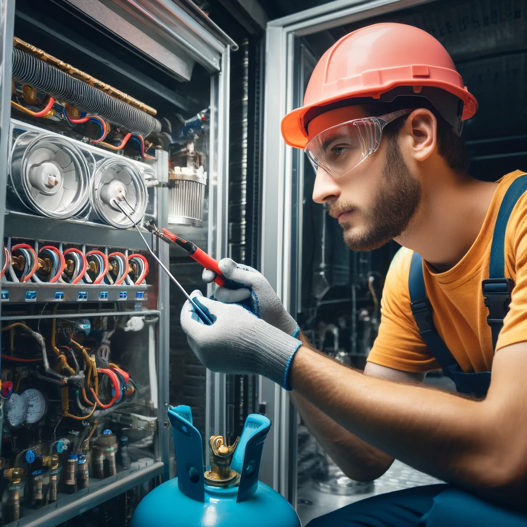 An image showing a technician checking refrigerant levels in a commercial refrigeration system. The technician is using professional tools and wearing safety gear. The background shows the interior components of the refrigeration unit.